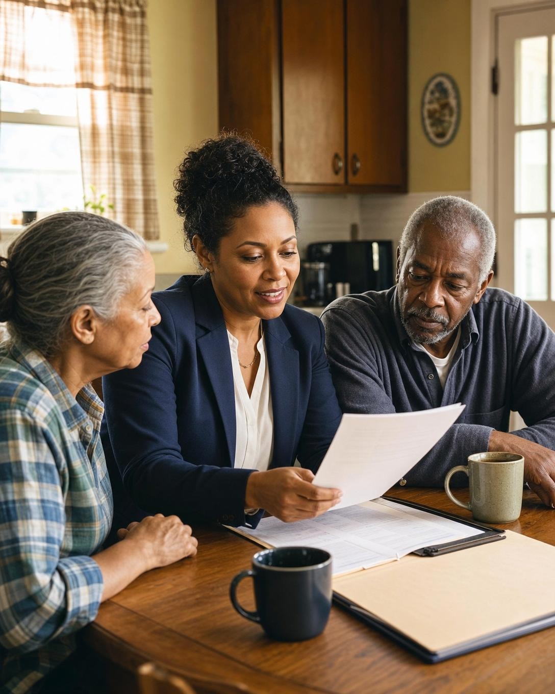 A home buyer talking through paperwork with a couple on their front porch